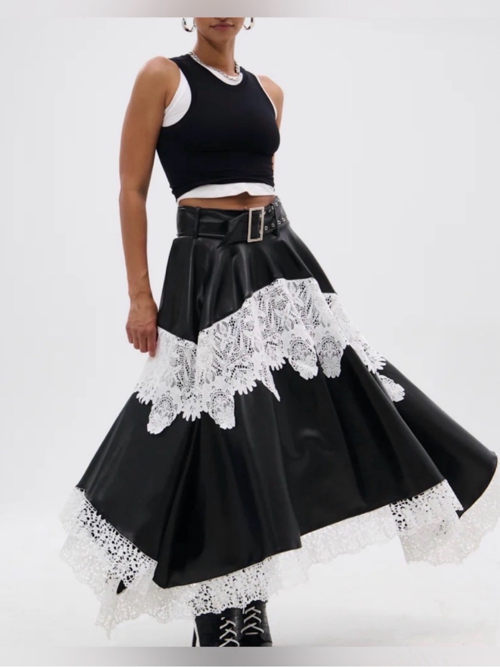 AKIRA Faux Leather Black Maxi Skirt White Lace Trim She’s Not For The Timid!!! - Picture 3 of 5